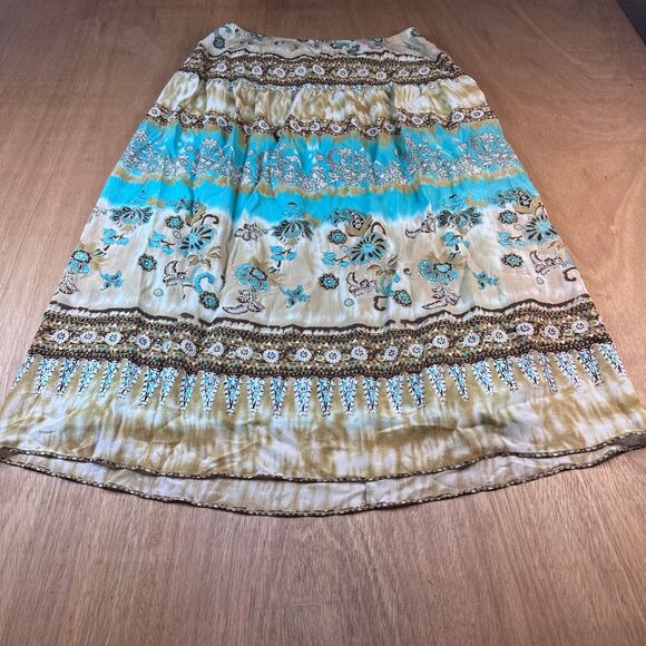Sheri Martin New York 10 Boho Floral Midi Skirt Beige Turquoise Lined Fall - Picture 2 of 4